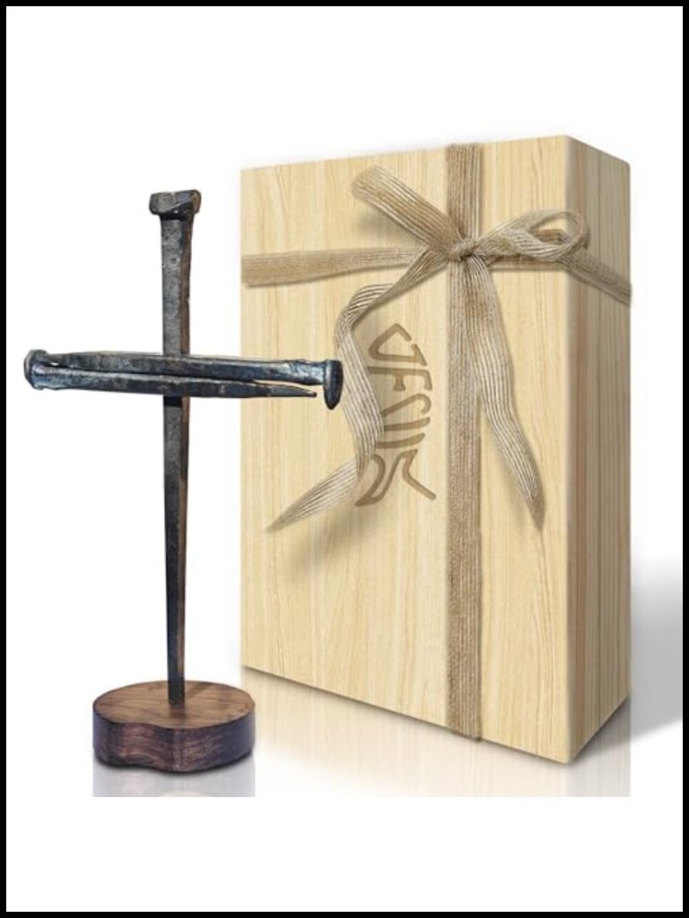 Handcrafted Metal Nail Cross on Solid Wood Base Religious Decor